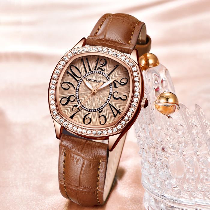 DISKON Cristiano Aillen Jam Tangan Wanita 0863 Kulit Original Analog Kaca Stainless Watches Waterpro