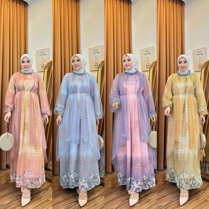 KRM1173 SET 2IN1 BAHAN CERUTI+OUTER TULLE+FREE BELT / GAMIS LENGAN PANJANG