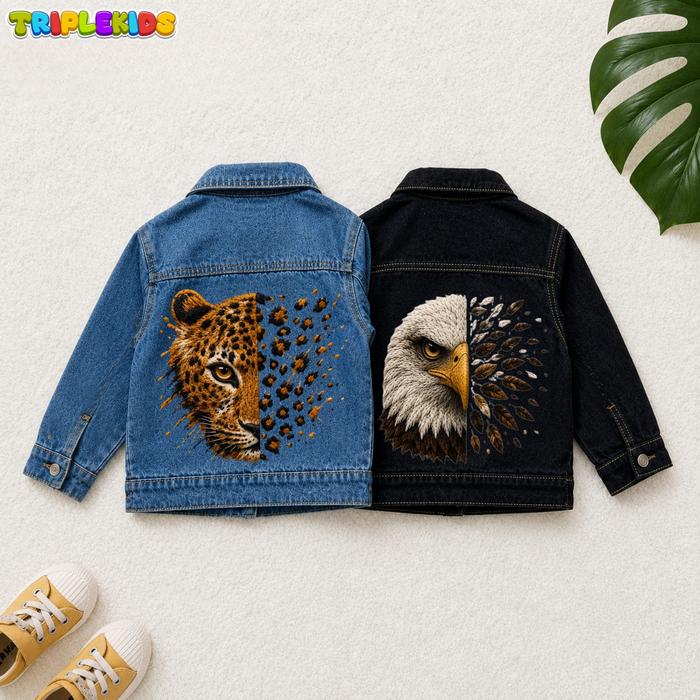 Triplekids Jaket Jeans Anak Leopard Usia 1-7 Tahun Fashion Snow Blue & Snow Black Bahan Soft Jeans P