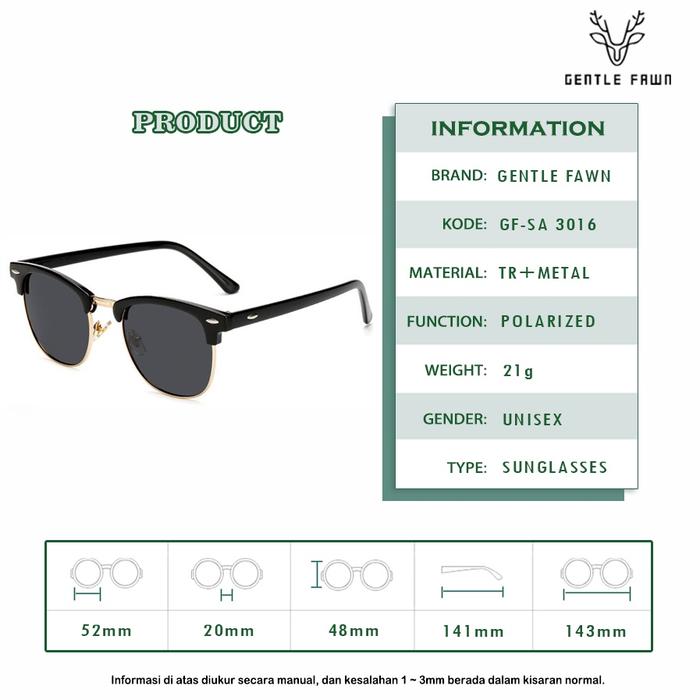 Gentle Fawn Kacamata Hitam Sunglasses Polarized Style Kotak Tr+Metal Model Club Master Fashion Pria