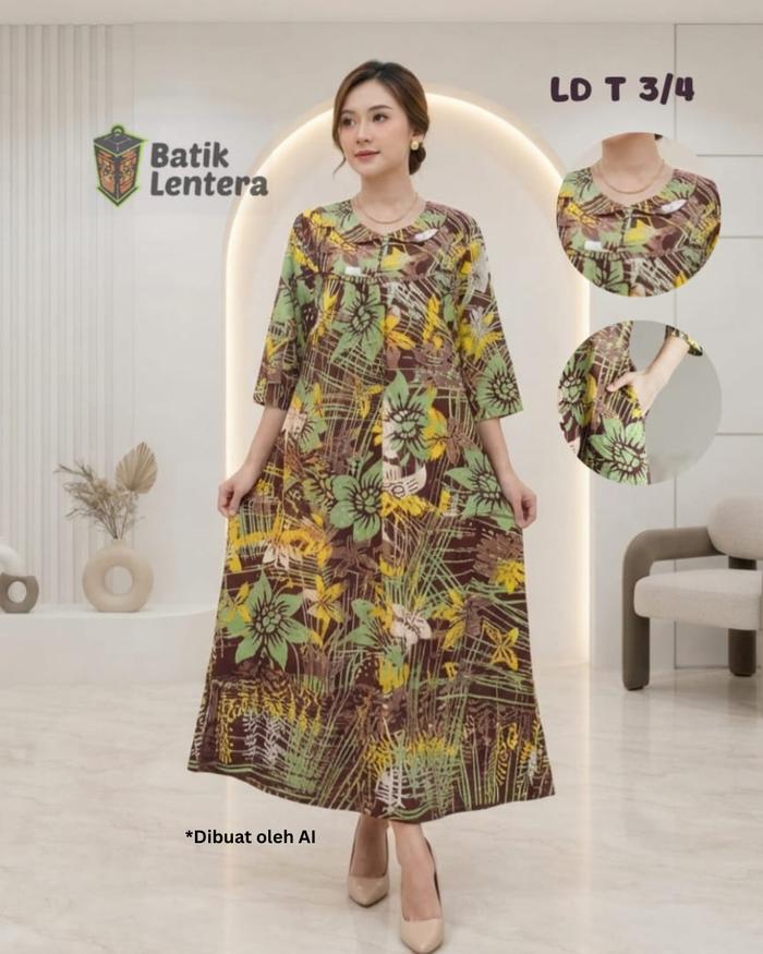 Baju Tidur Longdress Daster Panjang Semata Kaki Batik Lentera Tangan 3/4 Busui Kancing Motif Sunan B
