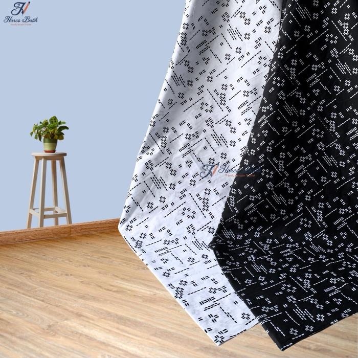 Kain batik print motif sashiko garis & sashiko bunga hitam