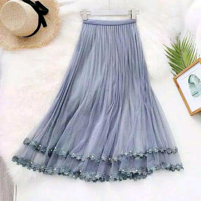 ROK  TUTU PANJANG WANITA DEWASA RENDA MUTIARA KARET MELAR 220 MAYUNG BAWAHAN TERBARU MEWAH MURAH