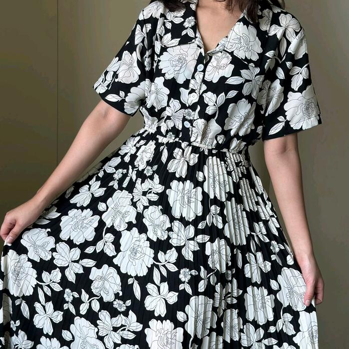 dres cantik plisket casual motif bunga