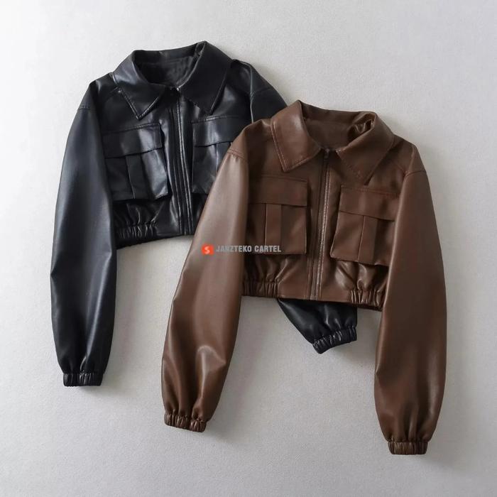 NEW Jaket Kulit Sintetis Viena Premiun Branded Semi Crop Top Boxy Coklat HItam Wanita Pria Unisex Le