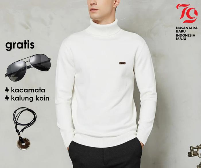 RHcollections Sweater Pria Rajut Kerah Tinggi Turtleneck Lengan Panjang Polos Knitwear Atasan Cowok 