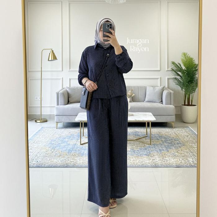 JuraganRayon - Oneset Setelan Celana Kulot Hightwaist Dress Motif Salur Rayon Premium Atasan Ibu Nya