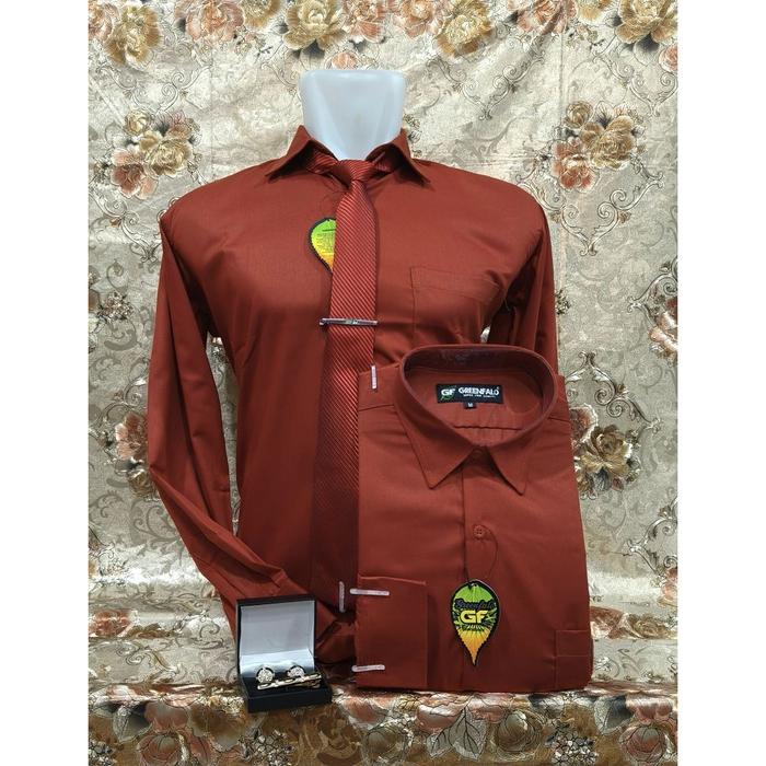 Kemeja Greenfalo Pria Lengan Panjang Warna Orange, Merah Bata, Peach, Coral, Cream & Dasi (Harga Das