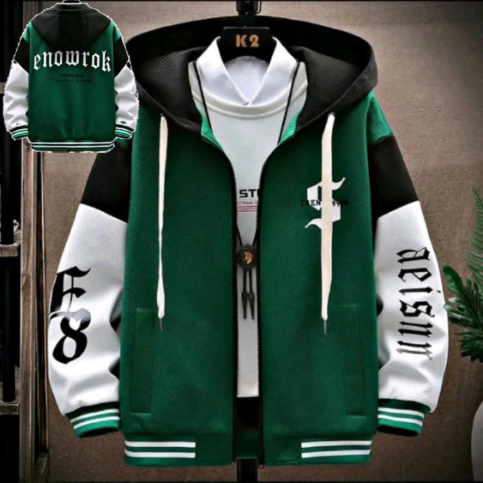 JACKET VARSITY PRIA BASE BALL RESLETING TOPI DUA LAYER DAN TALI KAIN RIP STRIP HITAM PUTIH  KOMBINAS