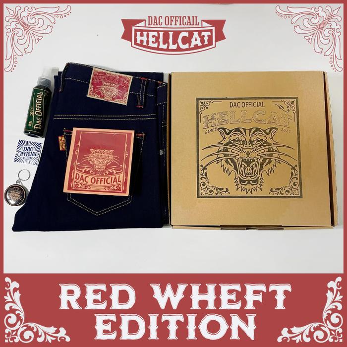 CELANA DENIM SELVEDGE 15 OZ ART HEELCAT SANFORIZED WEFT X MAROON ACCENT SELVEDGE WEFT MERAH RAW DENI