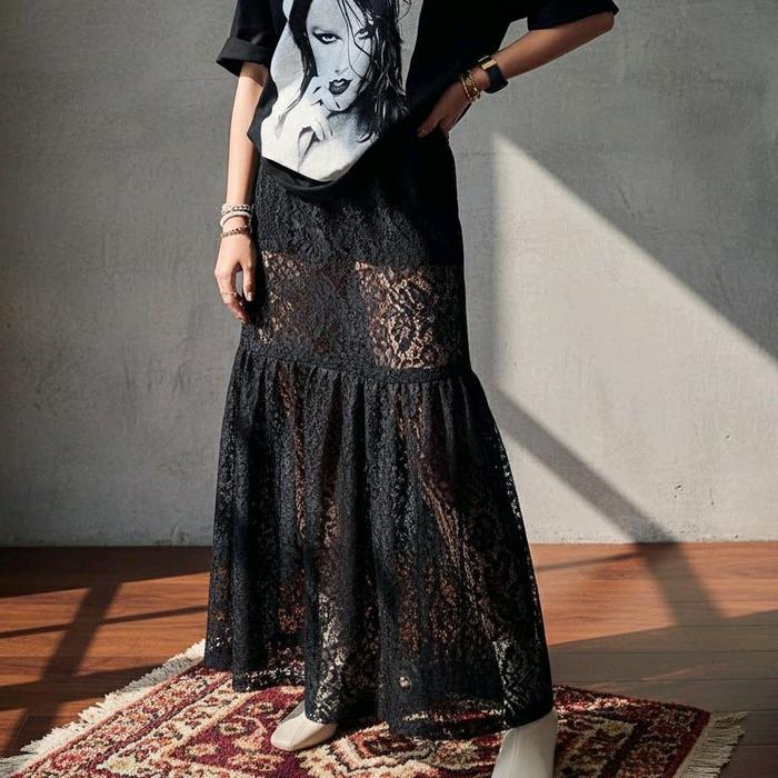 Rok Brokat Wanita Motif Bunga Mewah Lace Panjang Susun Ruffle Nyaman Cantik Maxi Formal Coklat Varia
