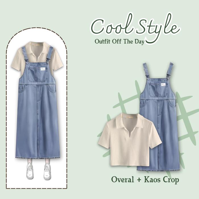 Outfit Off The Day ( Crop Kerah + Overall Jeans ) Setelan Baju One Set Wanita Remaja