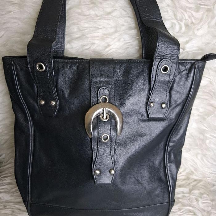 Tas Tote Wanita MARC PICARD Kulit Asli Warna Hitam Berziper / Tas Tote Medium / Tas shopper Wanita K