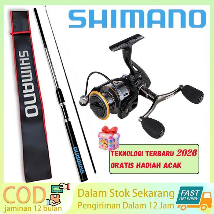 new - shimano paket hitam 2025: joran karbon teleskopik 1.8-3.0m + reel logam dual arm hitam (ukuran