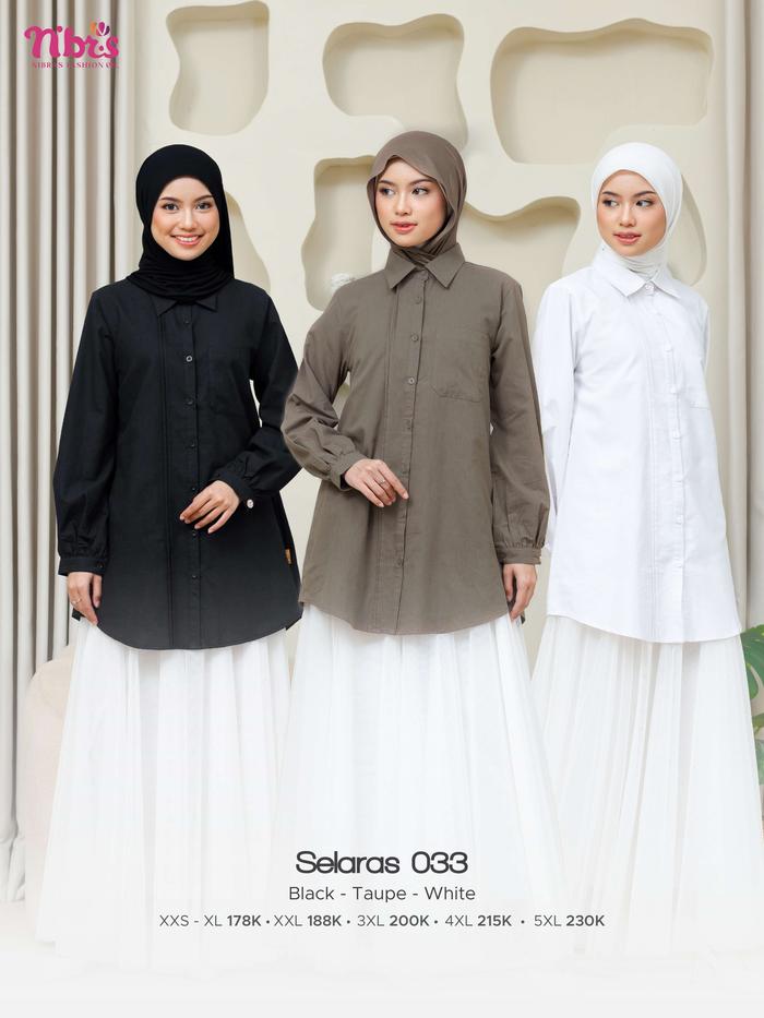 Nibras Selaras 033 White Putih Taupe Hijau Olive Tua Black Hitam Baju Atasan Blouse Linen Adem Polos