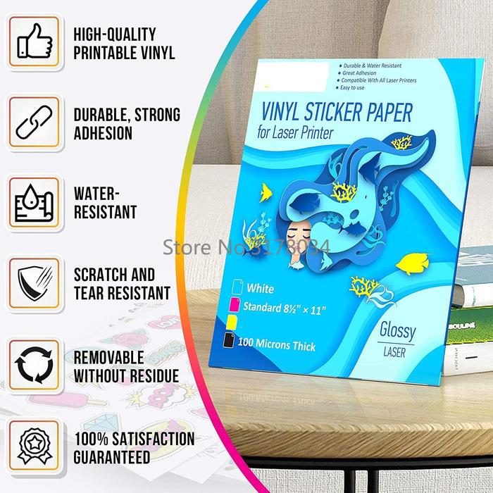 50 Sheets A4 Vinyl Sticker Paper for Laser Printer Glossy White Self