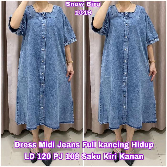 Dress Midi Jeans Snow Denim Full Kancing Hidup Kode 1319 LD 120 PJ 108 Saku Kiri Kanan untuk Wanita 