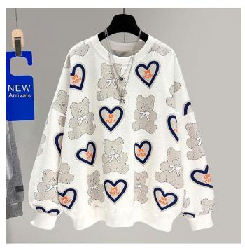 Sweater Oversize Bear Love Pull Print Crewneck Sweatshirt Wanita - Sage Green - Nyaman, Fleece Putih