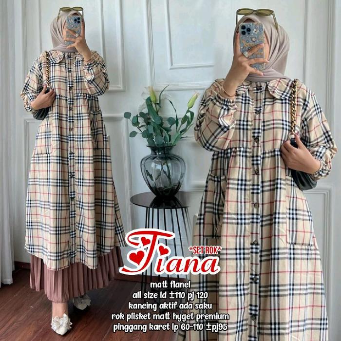 Tiana Set Tunik Rok Plisket Model Casual Motif Kotak Kotak Muslim Wanita Atasan Katun Panjang Baju D
