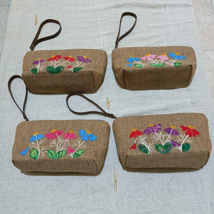 Pouch Makeup kain karung bordir aplikasi perca batik Bali