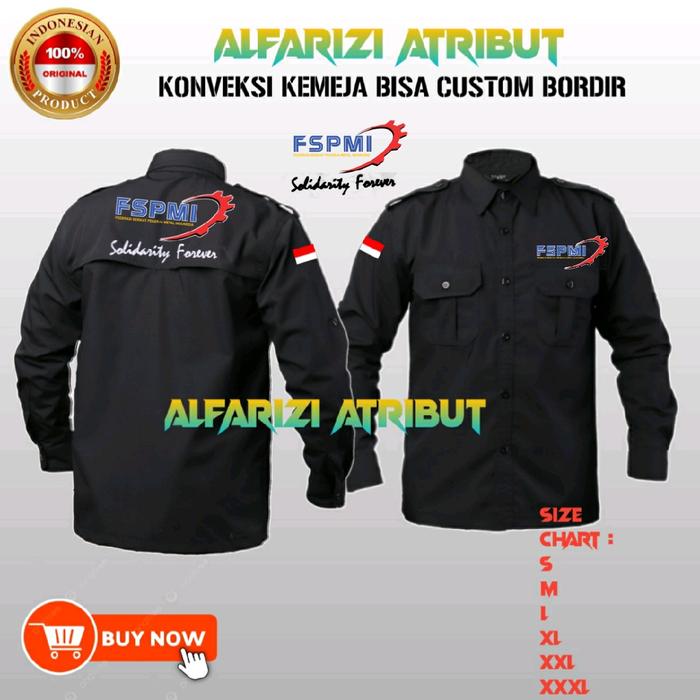 kemeja FSPMI Solidarity forever Bordir Nyaman Baju Kerah Pria Panjang Hitam Basic