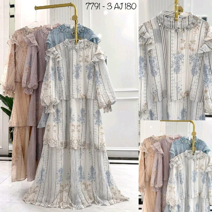 Gamis Wanita Model 7791-3 AJ180 Trap Bahan Ceruty Premium Desain Ruffle Motif Bunga Elegan dan Menar