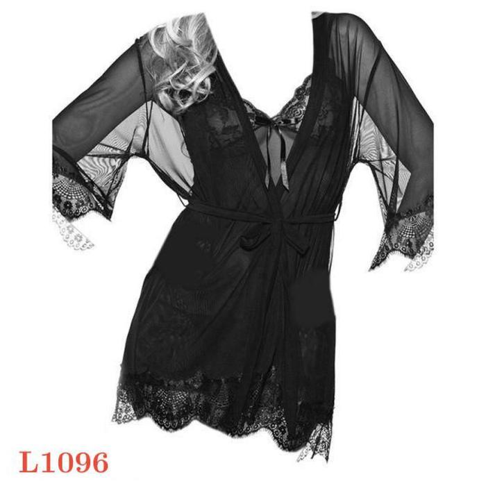 L1094 Lingerie Kimono Sexy Baju Tidur Dinas Malam Wanita Seksi Lengan Pendek Polos Transparan Set Lu