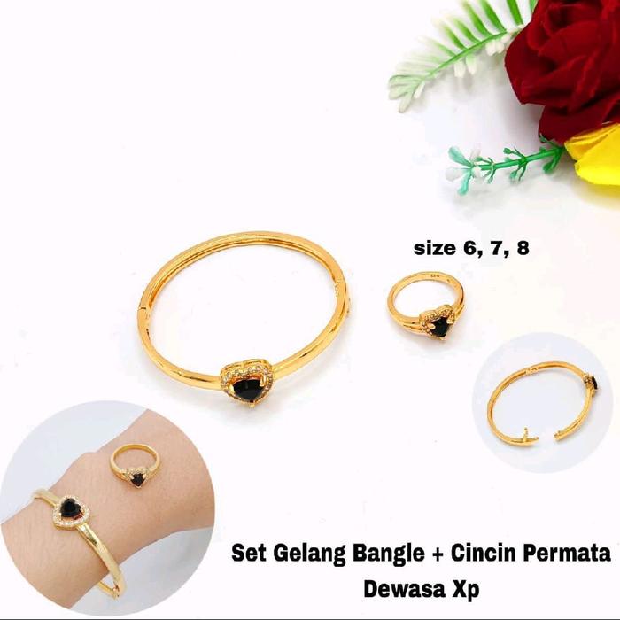Set Perhiasan Gelang Bangle free Cincin Permata Merah Hijau Hitam Titanium Terbaru Cantik Mewah dan 