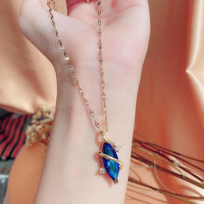 Kalung Fashion Wanita Titanium Asli Anti Karat Korea Style Model Liontin Blue Safir Zirconia Promo!