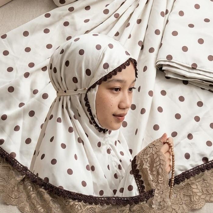 Mukena Sutra Polkadot Premium Silk 2 in 1 Brukat Mewah Renda Strecy Lembut Adem Jumbo Praya Scarf Mo