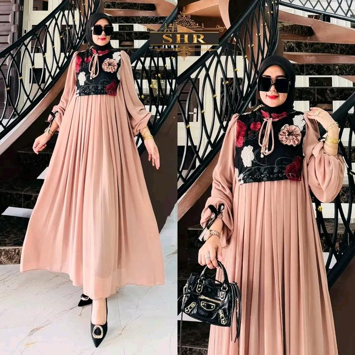 set gamis rompi ceruty mix tile bordir mawar ori SHR Dress Muslim Wanita Remaja Dewasa