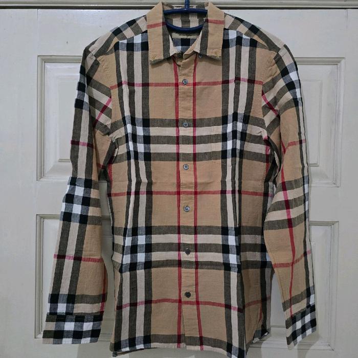 Burberry London nova check linen-cotton blend long sleeved button-down shirt kemeja lengan panjang p