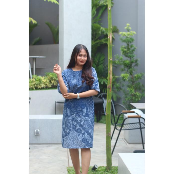 Tunik Batik Sulthan Cewek Baju Katun Panjang Slimfit Kerja Wanita Formal Biru Motif Seragam Dress Tu