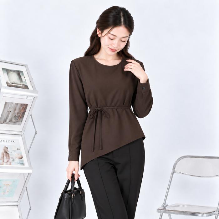 BLOUSE ASIMETRIS RAYON TWILL MINA | ATASAN WANITA TALI SERUT MINIMALIST LOOK