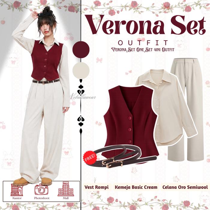 Verona Set 4in1 Outfit Wanita Korean Style (Vest Rompi Kemeja Cream + Celana Cutbray Cream + Belt) |