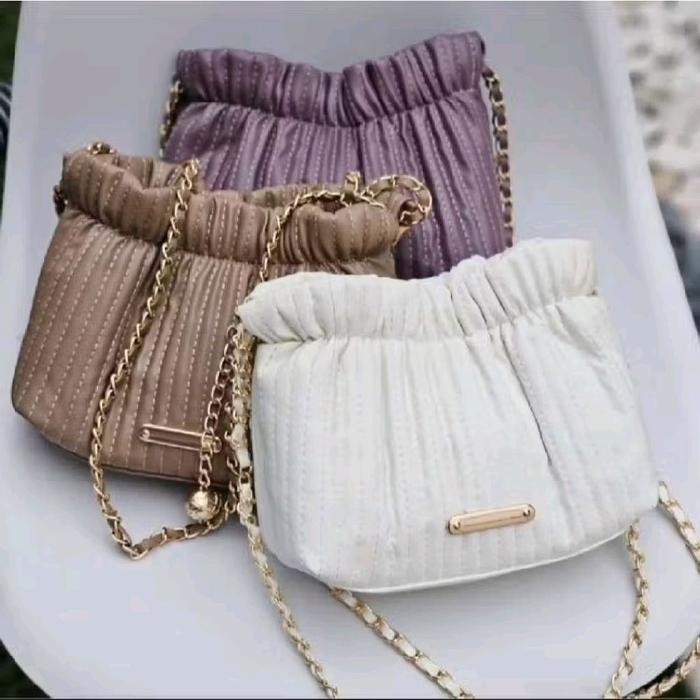 Tas Selempang Serut dengan Tali Rantai - Warna Coklat, Ungu, dan Putih - Fashion