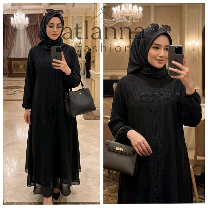 ATLANNA FASHION Dres/Gamis Muslim Ceruti Babydoll Elegan Mix Brukat Dada Putih BW untuk Tampilan Ele