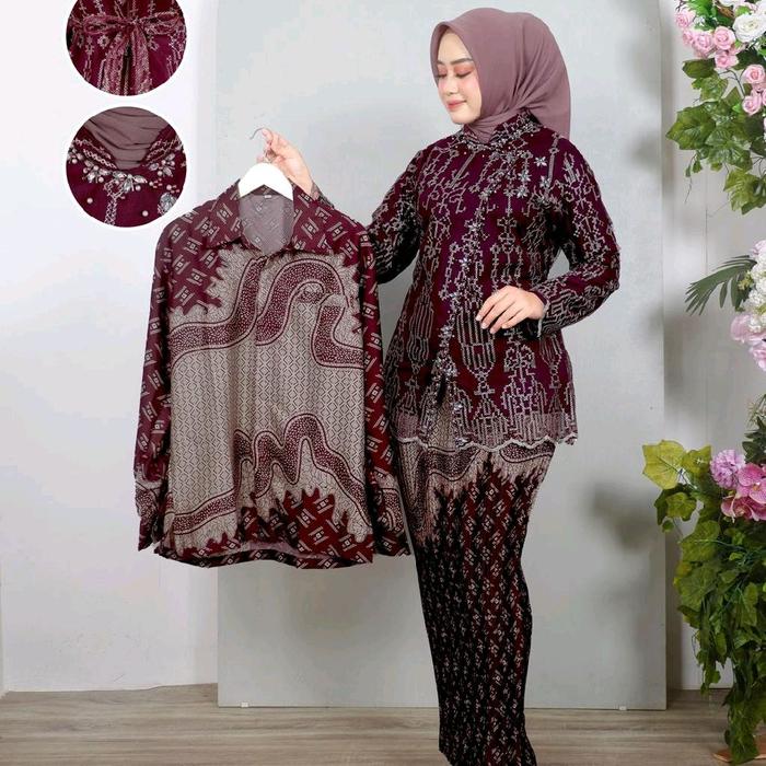 Set Kebaya Couple kondangan model Sarita bahan tile  Kemeja batik tangan panjang/Kebaya Couple moder