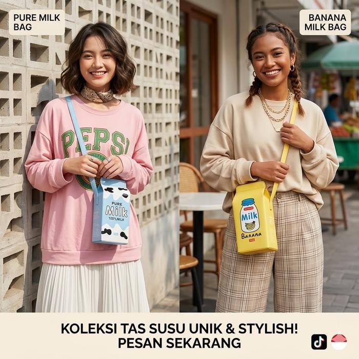 Charles Keith Tas Selempang Kulit Pu Wanita Kecil Motif Buah Cetak Kartun Stroberi Pisang Susu Dompe