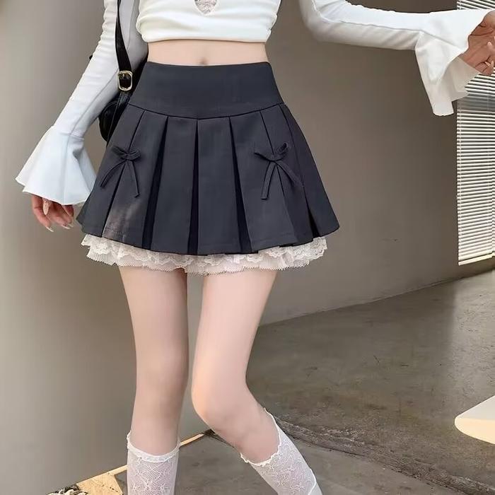 FLA Rok pendek A-line rok lipit rok pendek patchwork tepi renda/rok lipit gaya Korea