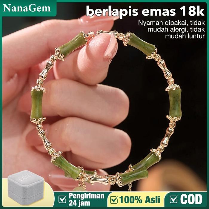 Gelang Giok Wanita Cina Gelang Giok Bambu Berlapis Emas 18K Gelang Giok Bambu Kualitas Giok Membawa 