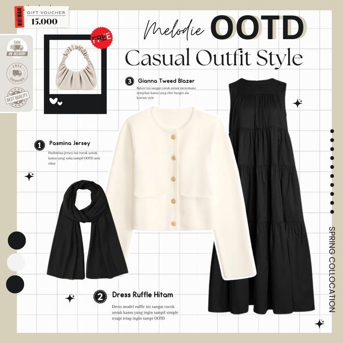Ootd Cewek Kece 1 Set Berhijab Remaja Dewasa Atasan Gianna Tweed Blazer Putih, Inner Dress Ruffle Hi