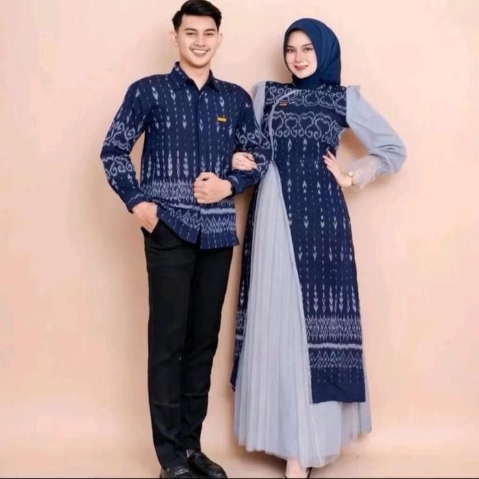 setcouple new raina series navy baju couple keluarga kemeja dewasa gamis wanita dan kemeja anak