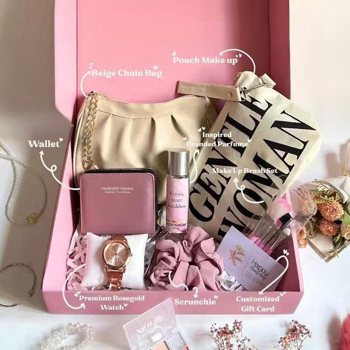 Gift Box Premium Wanita – Tas + Jam Tangan + Makeup Brush + Scrunchie + Gift Card