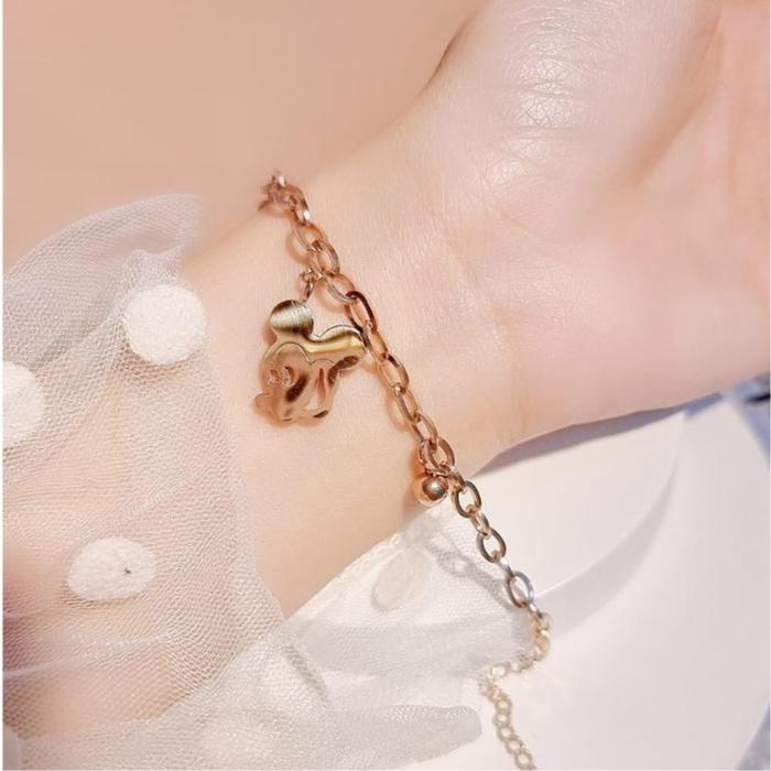 gelang tangan wanita titanium mickey mouse rantai paperclip rose gold tahan luntur dan anti karat re