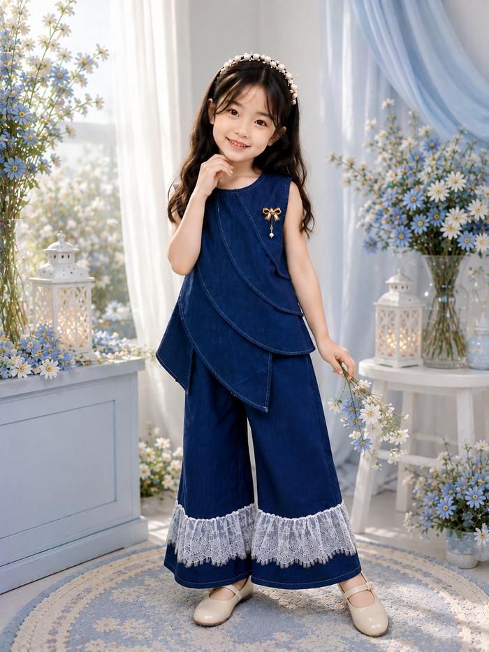Setelan Baju Jeans Anak Perempuan Trendy Model Layer Aksesori Bros Renda Bahan Levis Celana Kulot