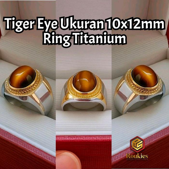 Roukies Cincin Batu Tiger Eye Ring Titanium Ukuran 10x12mm Asli untuk Jari Ukuran 7-10 Model Unik