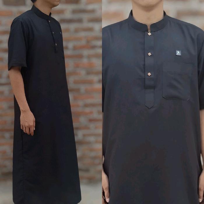 Jubah Afsheen Muslim Polymicro Dewasa Series Pria - Lengan Pendek Katun Hitam Gamis Embos Motif