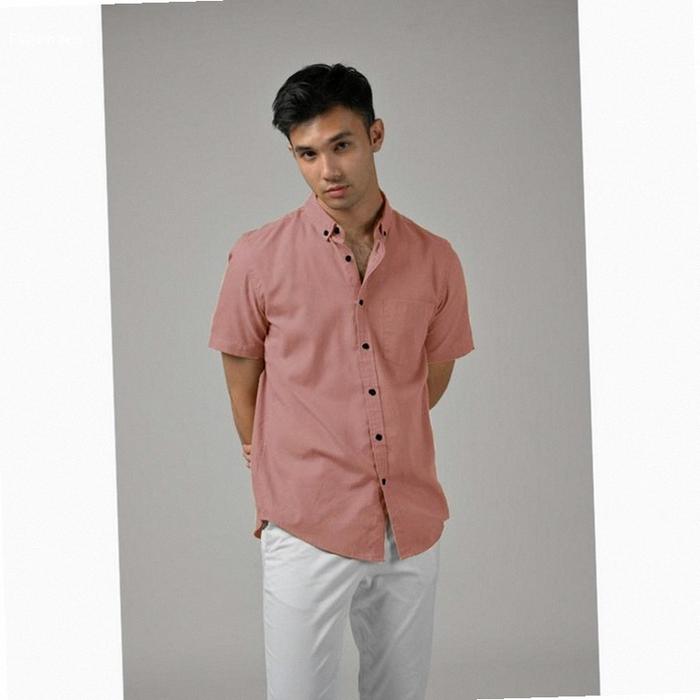 Kemeja / Hem Polos Pria / Cowok Lengan Pendek Kasual / Formal Warna PINK PEACH/ Pink / biru denim | 
