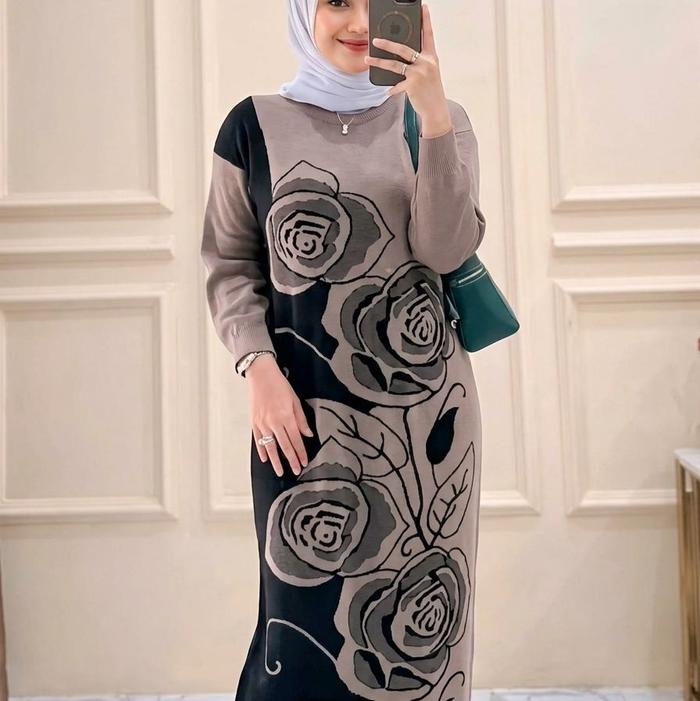 AMARA DRESS Gamis Wanita Terbaru Fashion Muslimah Atasan Panjang Dewasa Motif Maxi Bahan Rajut Lingk